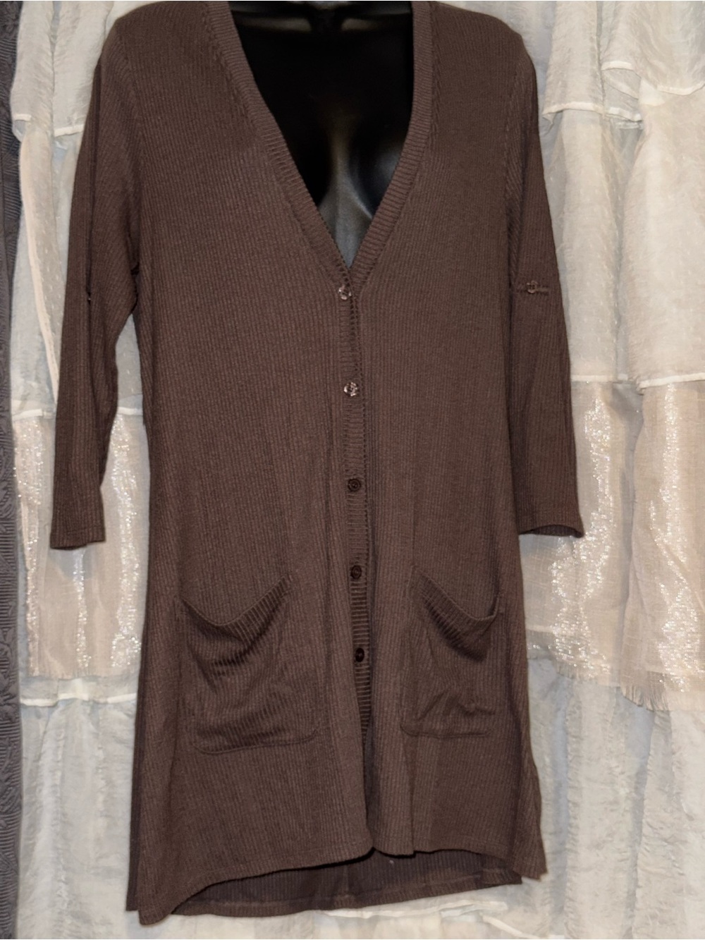 torrid Brown Ribbed Longline V-Neck Button Cardigan
